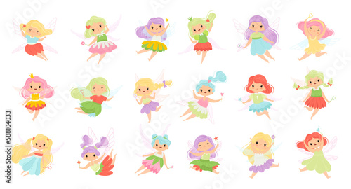 Cute Girl Fairy Flying and Fluttering with Wings and Magic Wand Vector Set