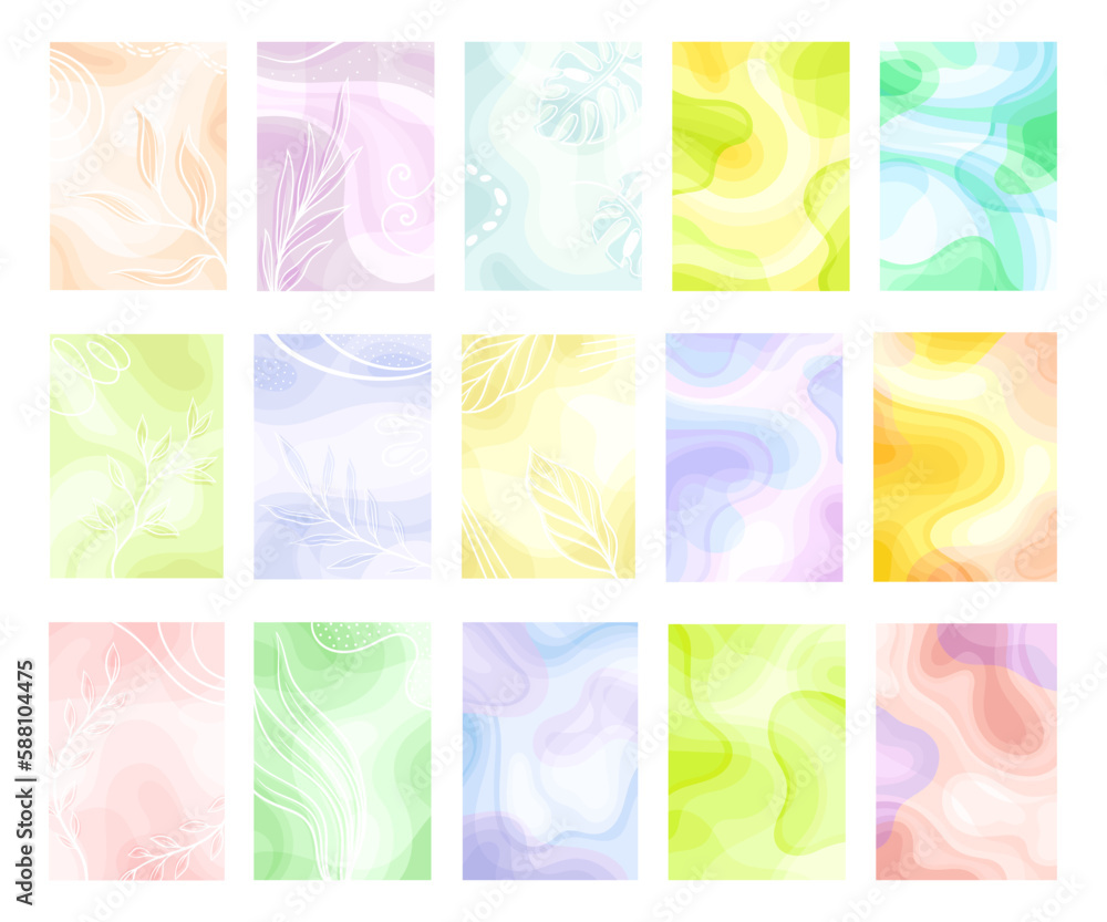 Abstract Cards with Foliage Shapes and Fluid Backdrop Big Vector Set