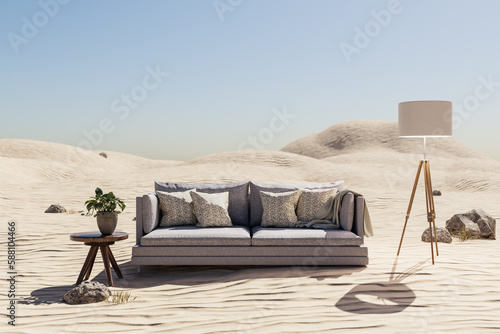 lonely living room couch in large desert environment; immersion entertainment movie concept; 3D illustration