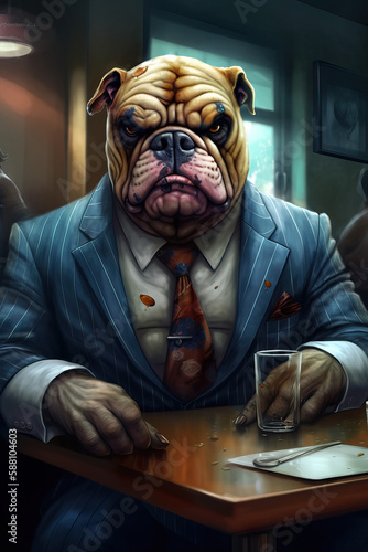 gangster portrait of an english bulldog sitting at a table with a glass and wearing a coat and tie, ai generated