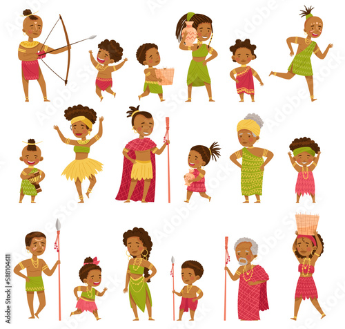 African People Characters with Kids in Traditional Tribal Clothing Big Vector Set