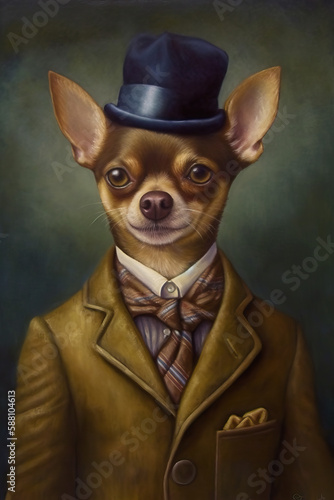 Portrait of a chihuahua dog wearing a top hat and a suit with an old style tie, ai generated (ID: 588104613)