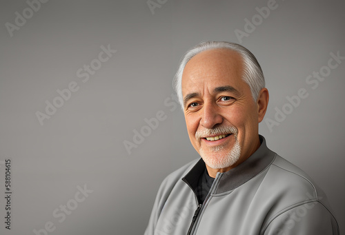 Portrait of an old man in a tracksuit on a gray background, AI generated