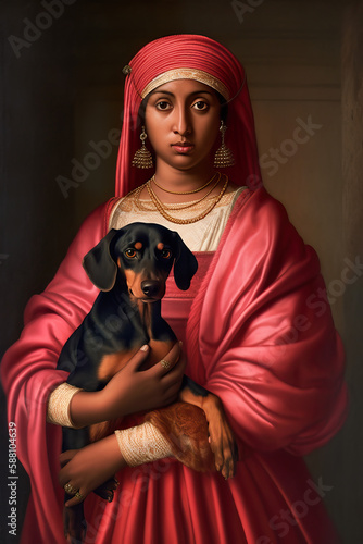 classic painting of middle eastern woman in red robe and head covering holding a doberman pinscher puppy, ai generated (ID: 588104639)