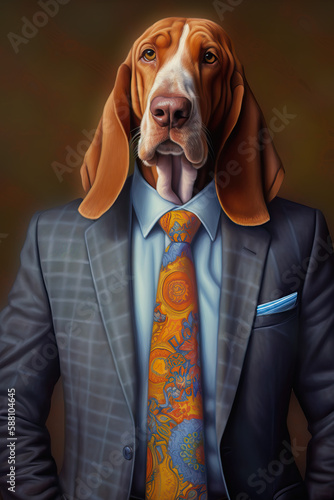 portrait of a basset hound dog wearing a blue coat and orange tie, ai generated (ID: 588104645)