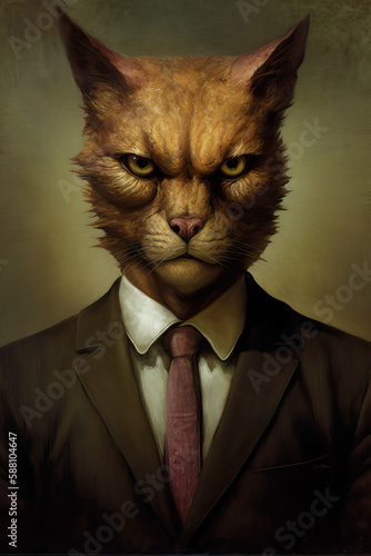 portrait of a mean looking orange cat with a suit and tie on, ai generated (ID: 588104647)