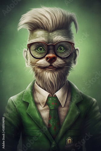 Funny picture of a fantasy dog in a suit wearing glasses with green bright eyes. (ID: 588104648)