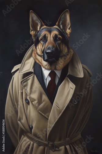 Portrait of detective wearing overcoat and coat and tie with a german shepherd dog head. (ID: 588104656)