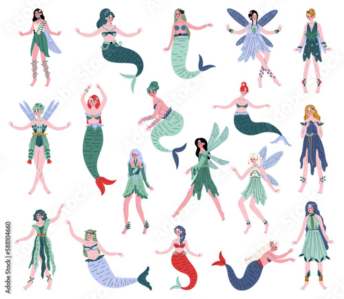 Magic Forest Fairy or Pixie with Wings and Mermaid with Fish Tail Big Vector Set