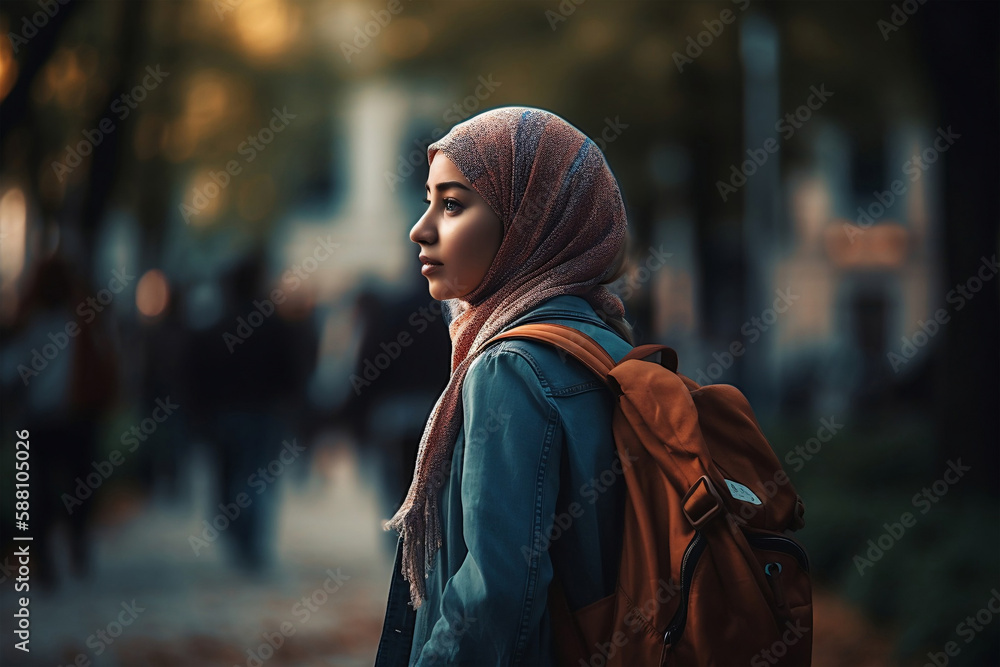 University, Muslim and campus student walking, generative ai