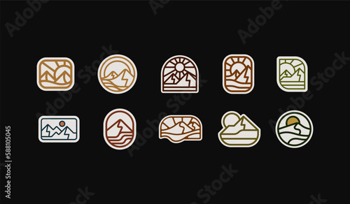 Mountain travel emblems set. Camping outdoor adventure emblems, badges and logo patches. Mountain tourism, hiking. Universal creative premium symbol. Vector illustration