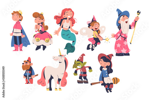 Fairytale Characters with Mermaid, Fairy, Magician, Gnome, Unicorn, Troll, Witch and Princess Vector Set