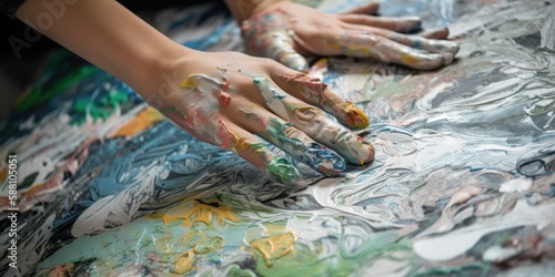 artists hands covered in paint passionately working on large - scale mural, concept of Artistic Expression, created with Generative AI technology