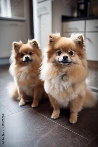 Two Curious Pomeranians spitz dog looking at the camera in home. Adorable pet. Waiting for the over. Dog food. At an appointment with a veterinarian. Love for animals. generative ai 