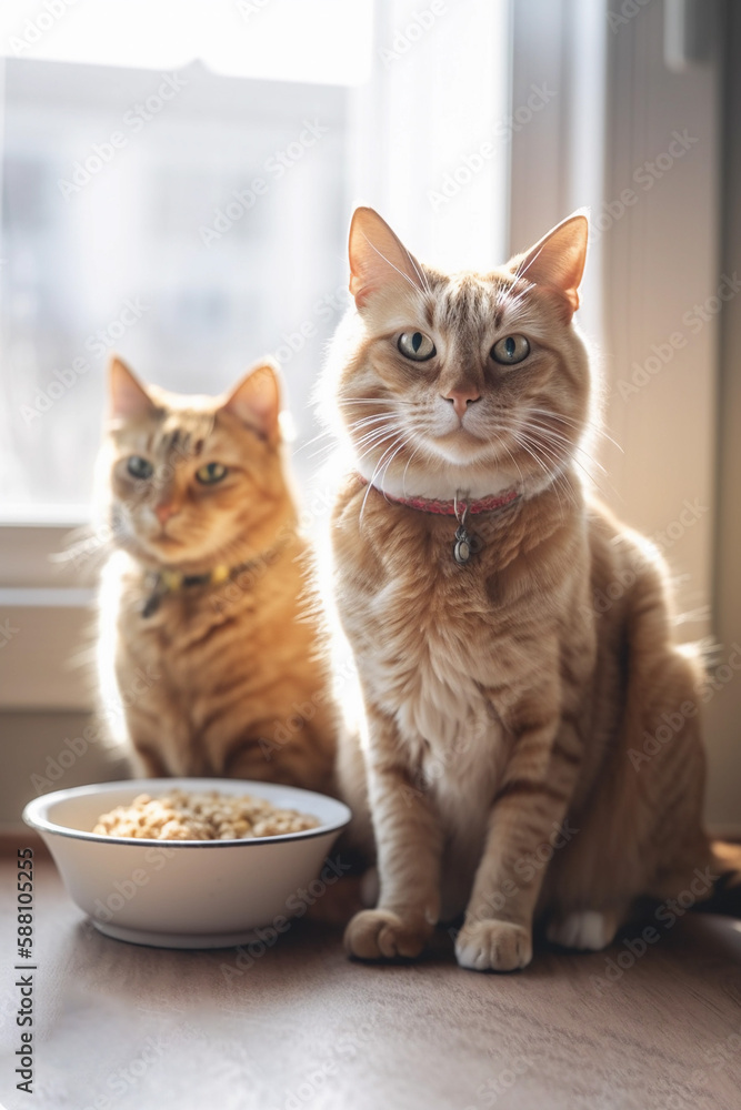 Two funny cats looking at the camera in home. Adorable pet. Waiting for the over. Cats food. At an appointment with a veterinarian. Love for animals. generative ai Two funny cats looking at the camera in home. Adorable pet. Waiting for the over. Cats food. At an appointment with a veterinarian. Love for animals. generative ai