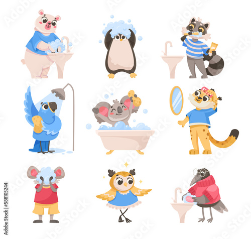 Animal Characters and Hygiene Rules Washing and Grooming Vector Set