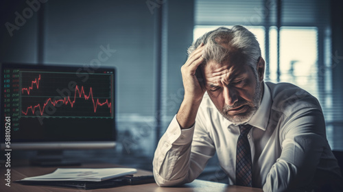 Businessman panics over falling stock market quotes, inflation and business failure created with generative AI technology