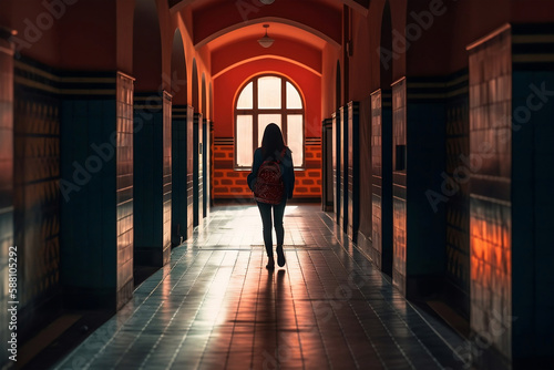 muslim woman walking on college campus, generative ai © jambulart