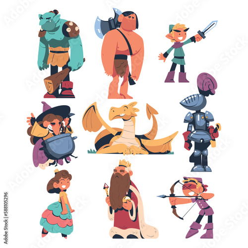 Fairytale Characters with Troll, Giant, Elf, Witch, Dragon, Knight, Princess, Archer and King Vector Set