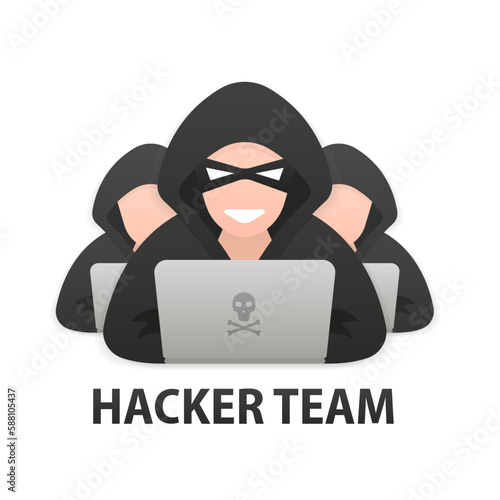 Hacker team, Cyber criminal with laptop stealing user personal data. Hacker attack. Internet phishing concept. Hackers in black hood with laptop trying to cyber attack. Vector illustration