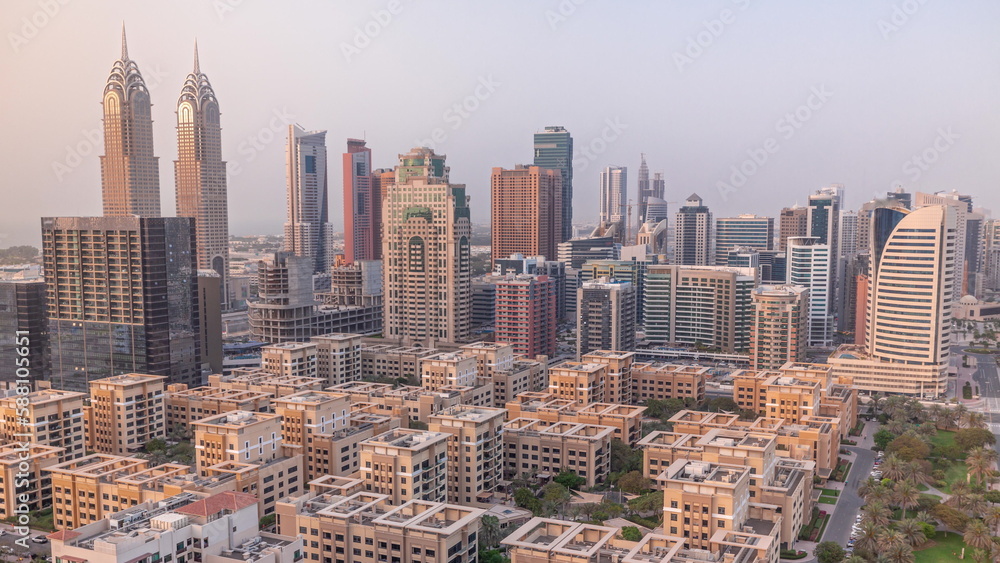 Obraz premium Skyscrapers in Barsha Heights district and internet city towers aerial timelapse.