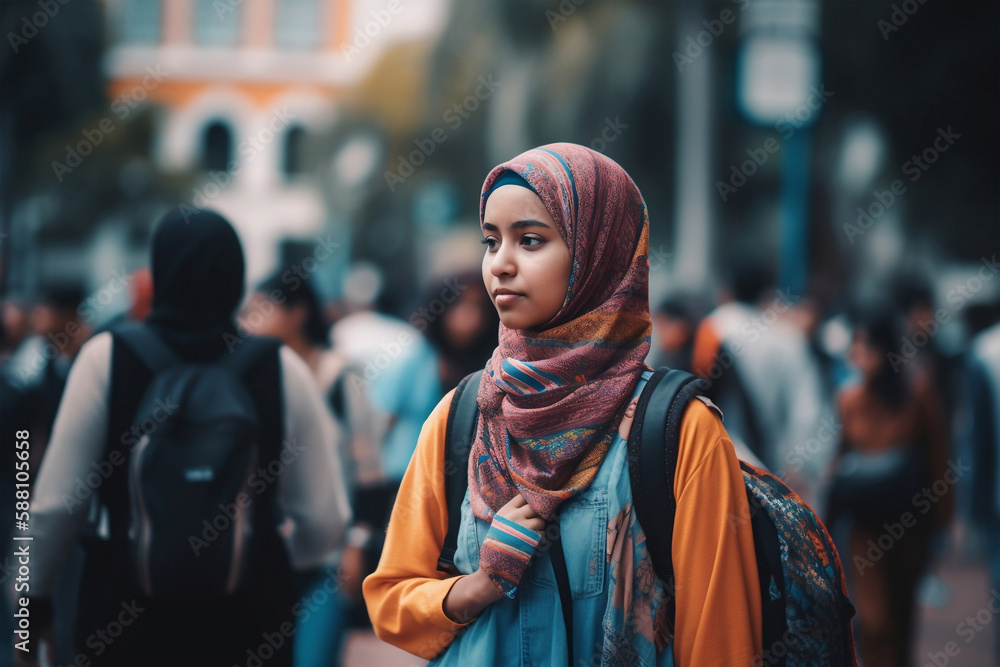 University, Muslim and campus student walking, happy and relax on journey to class, education learning or lecture study. School, hijab and Islamic woman, generative ai University, Muslim and campus student walking, happy and relax on journey to class, education learning or lecture study. School, hijab and Islamic woman, generative ai