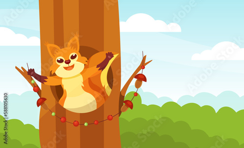 Cute Squirrel in Tree Hollow Peeking and Smiling Vector Illustration