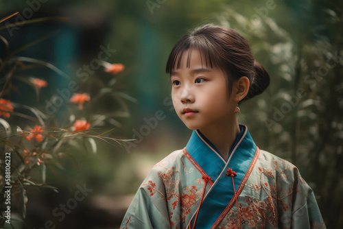 Young kimono girl with traditional, generative ai
