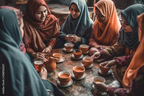 Cheerful Muslim women serving tea, generative ai