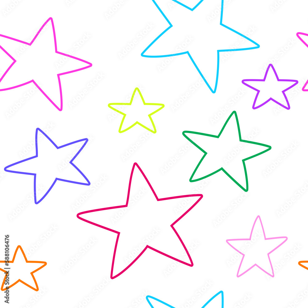 Pattern with colorful kids doodle stars hand drawn on white background