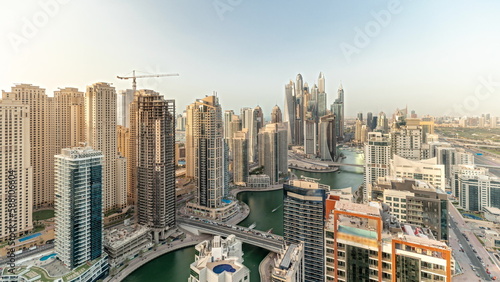 Panorama showing various skyscrapers in tallest recidential block in Dubai Marina aerial timelapse © neiezhmakov
