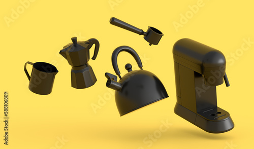 Espresso coffee machine with horn, kettle and geyser coffee maker on monochrome