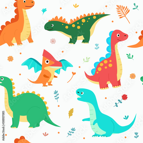 Cute dinosaurs pattern on white background. Vector cartoon flat illustration