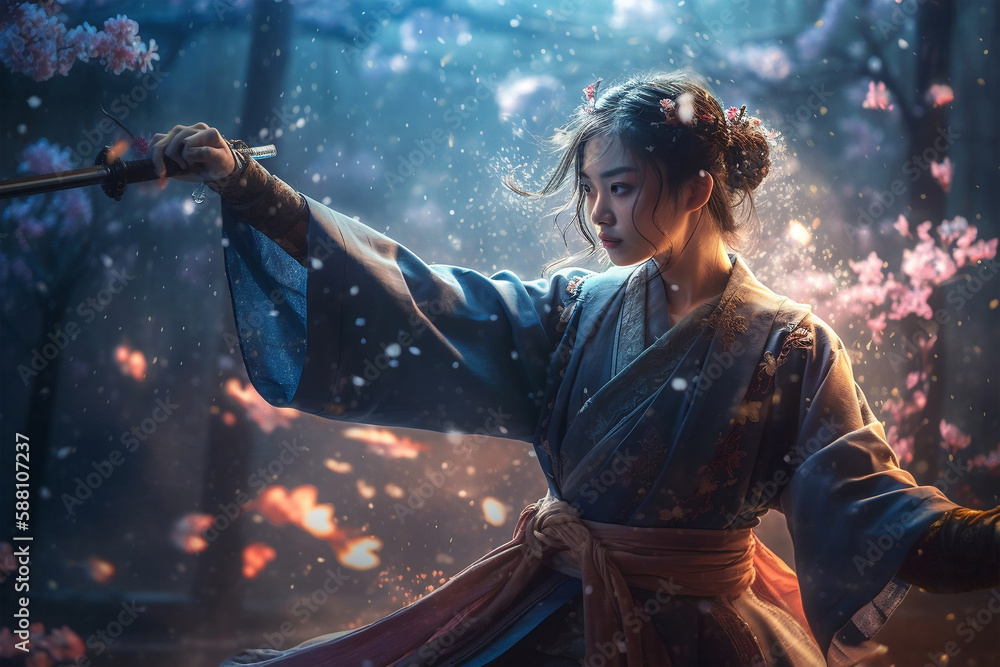 Portrait of samurai woman with katana, generative ai Stock Illustration ...