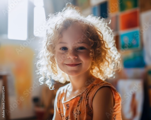 Girl with curly hair at nursery sitting in the sunshine. Generative AI. photo