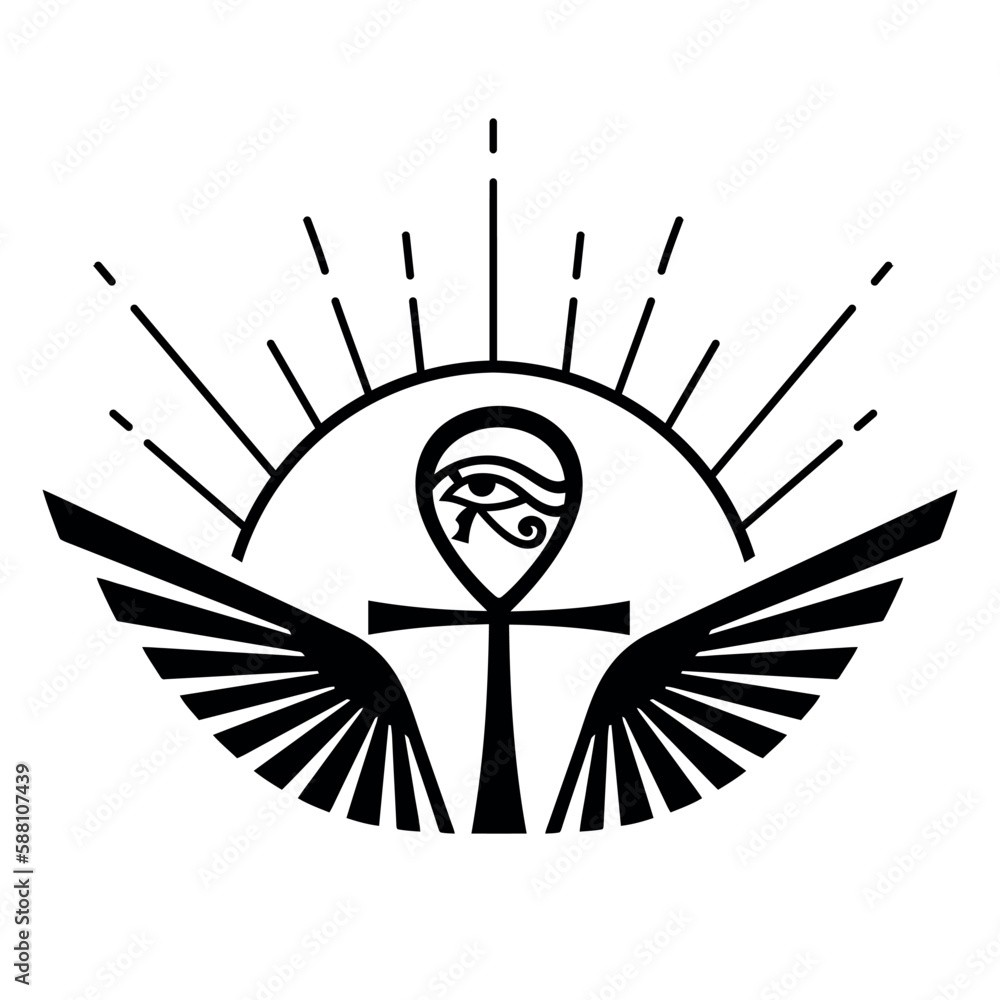 Fototapeta premium Pharaonic wings and the key to life and the Egyptian Eternal Sun icon logo , vector 