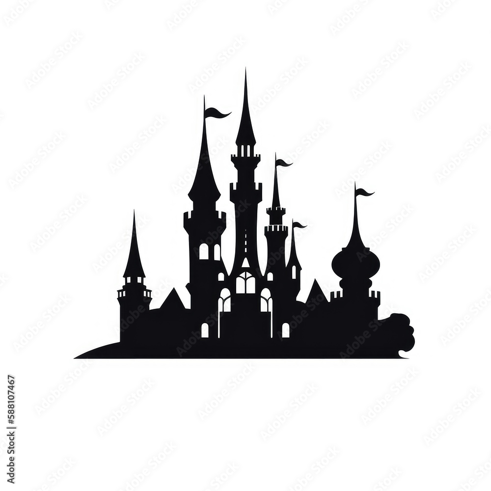 Silhouette of a magic castle, fairy tale icon. Black castle outline.