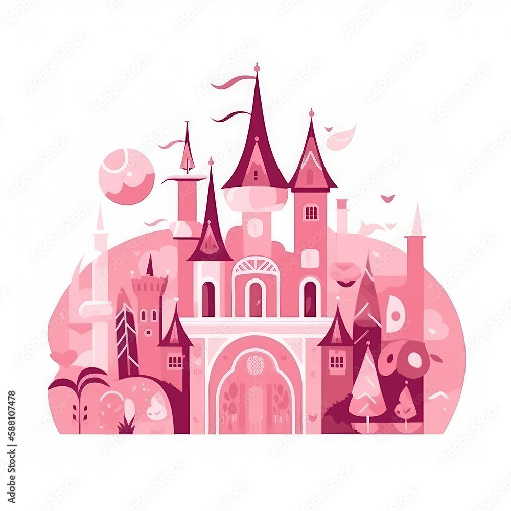 Pink castle, fairy tale icon illustration.