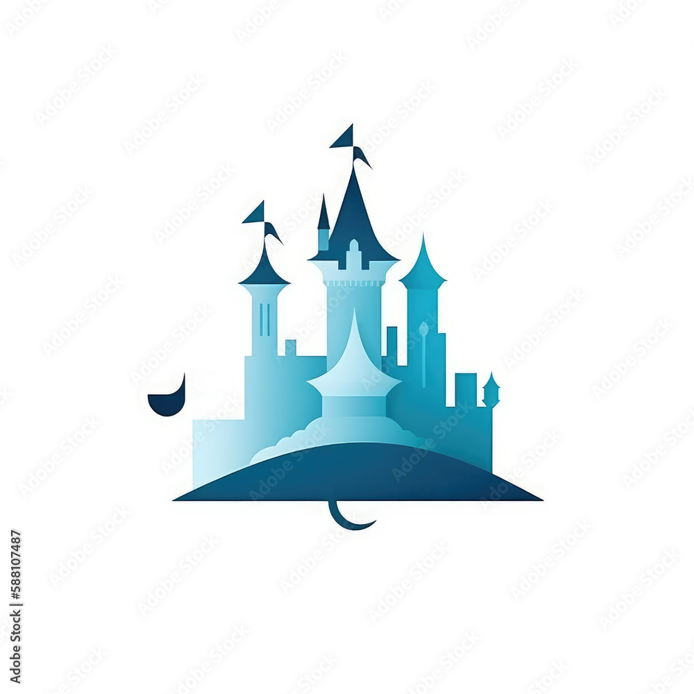 Blue castle, fairy tale icon illustration. Generative AI.