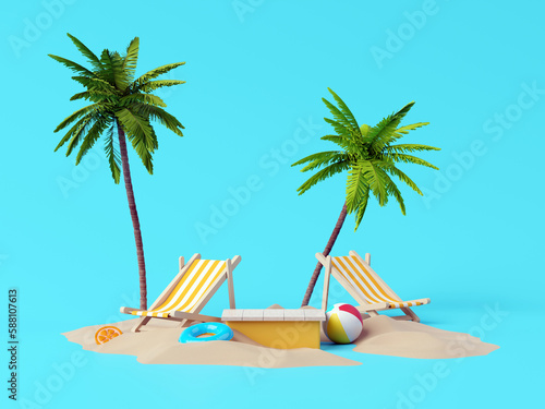 Summer vacation beach abstract background concept, Minimal Realistic Display Podium for Product mock-up or Cosmetics with summer theme, beach umbrella, sand, chairs, inflatable ring. 3d rendering