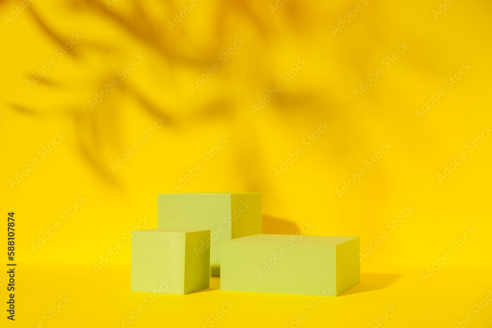 Beauty cosmetics product presentation mockup podium on sunny yellow background. Stylish minimal scene for body care products exhibit, front view, copy space. Beauty cosmetics product presentation mockup podium on sunny yellow background. Stylish minimal scene for body care products exhibit, front view, copy space.