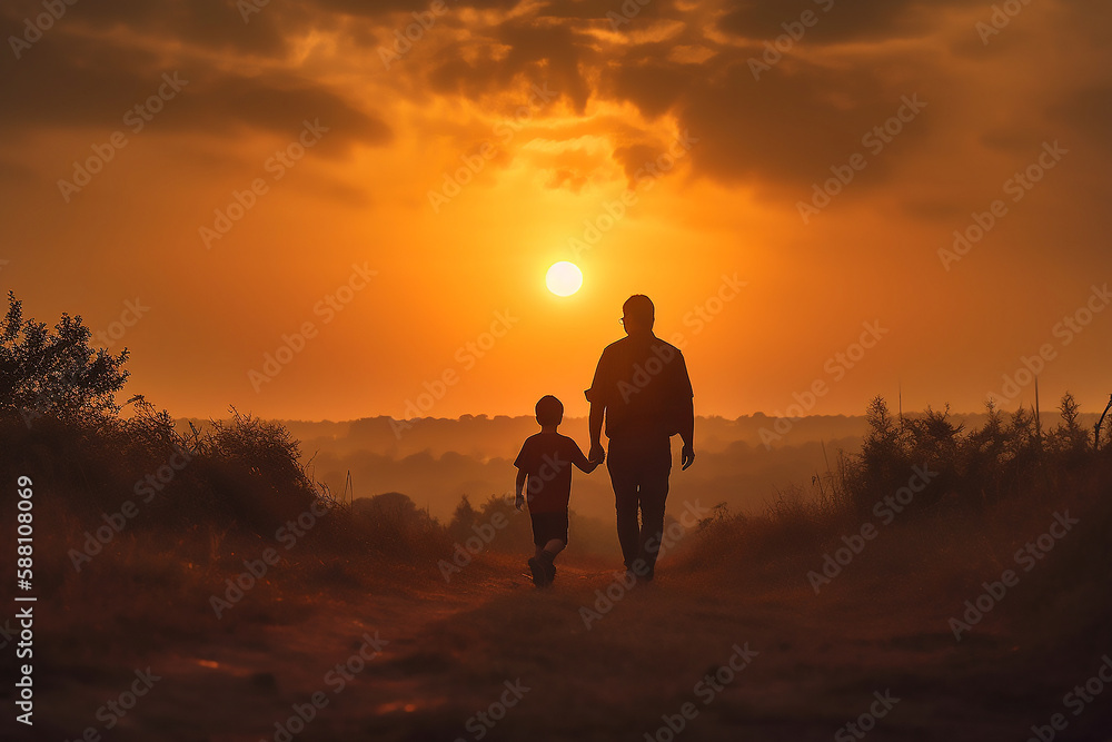 Father and son walking down a dirt road, fathers day background generated ai