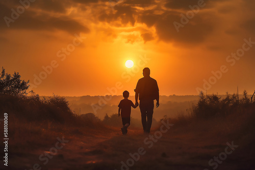 Father and son walking down a dirt road, fathers day background generated ai
