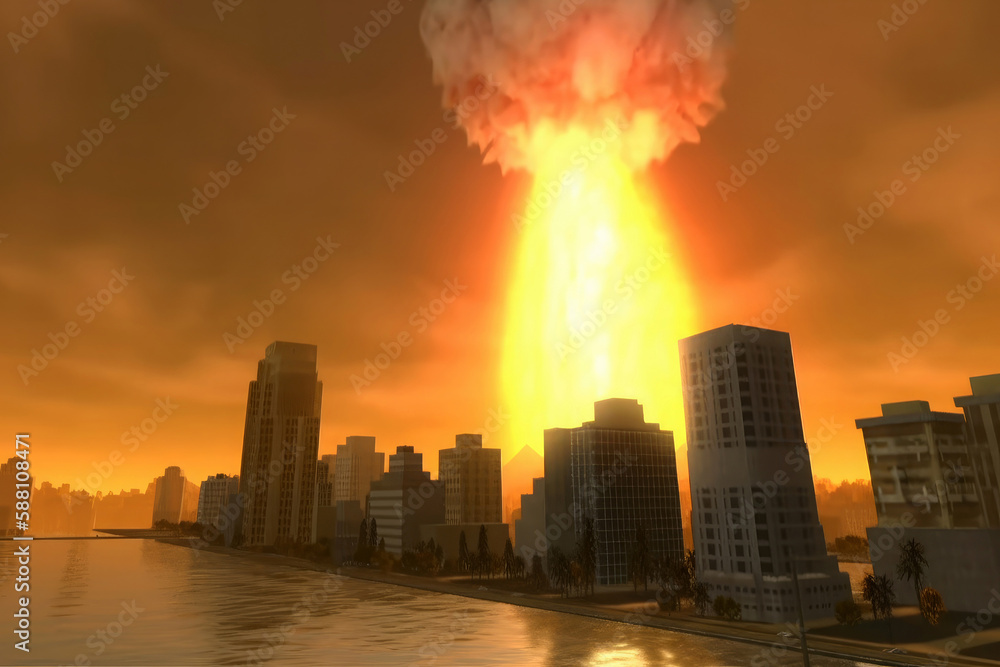 AI generated destroyed buildings after domestic explosion in city and war military bombs action