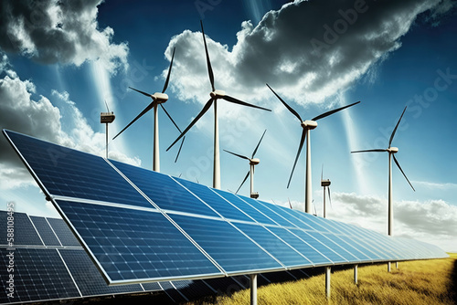 AI generated solar panels wind power turbines against landscape and blue sky with clouds background