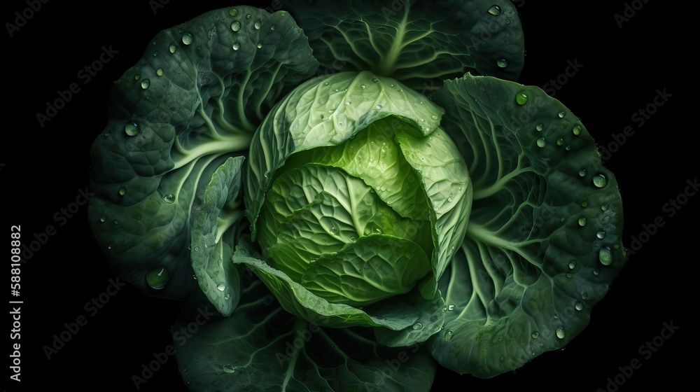 Fototapeta premium Green cabbage with drops of water on a black background