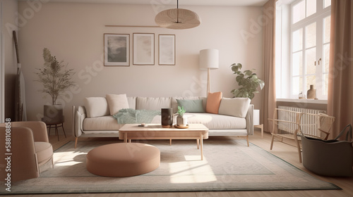 Design interior living room with sofa and armchair in pink color, generative ai