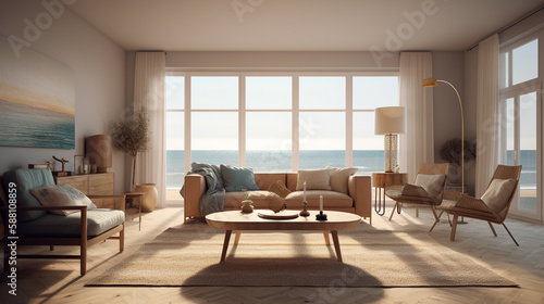 living room design with large windows and sea view, generative ai