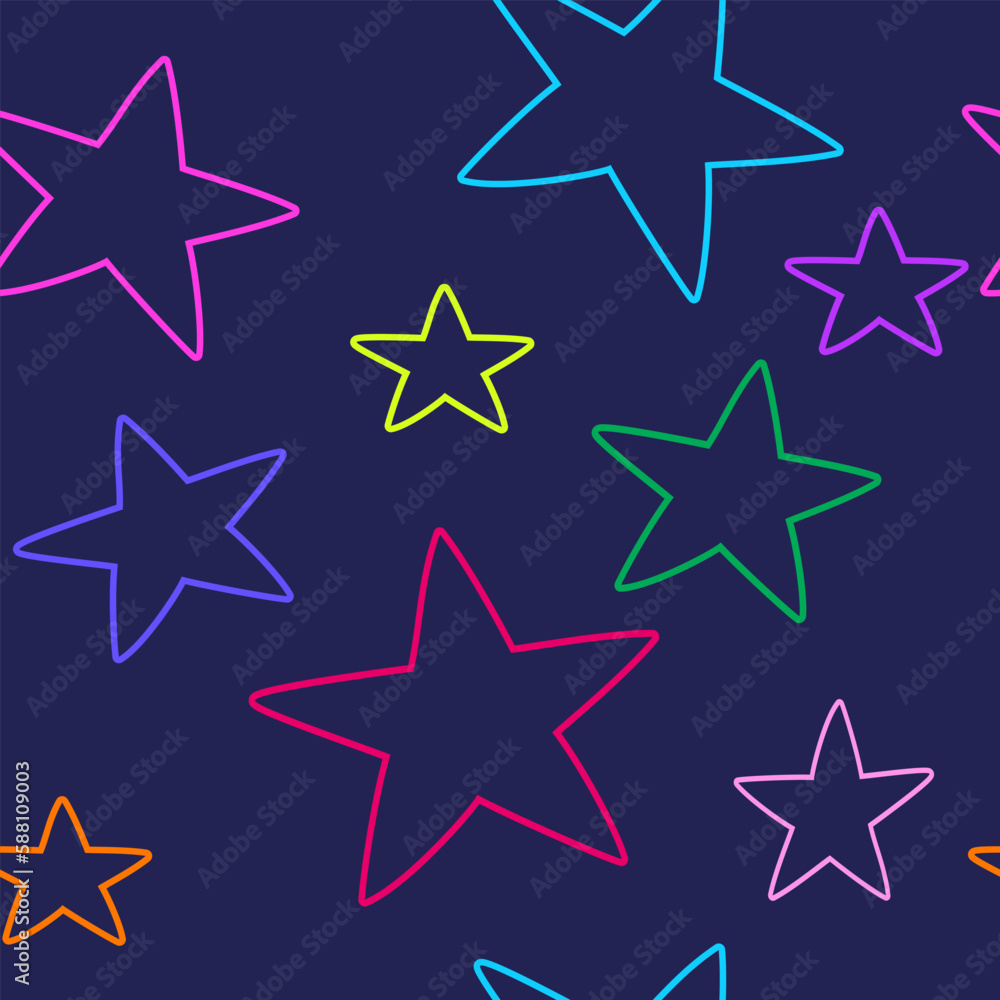 Pattern with colorful childrens doodle stars drawn on dark background Pattern with colorful childrens doodle stars drawn on dark background
