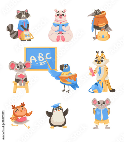 Animals Students at School Studying Having Lesson Vector Set